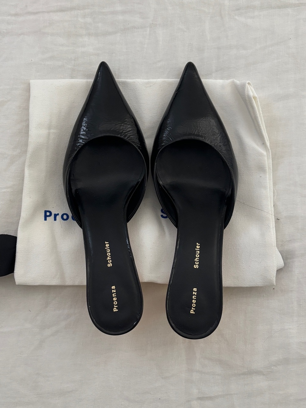 Proenza Schouler Black Patent Pumps with Gold-Tone Heel Accent